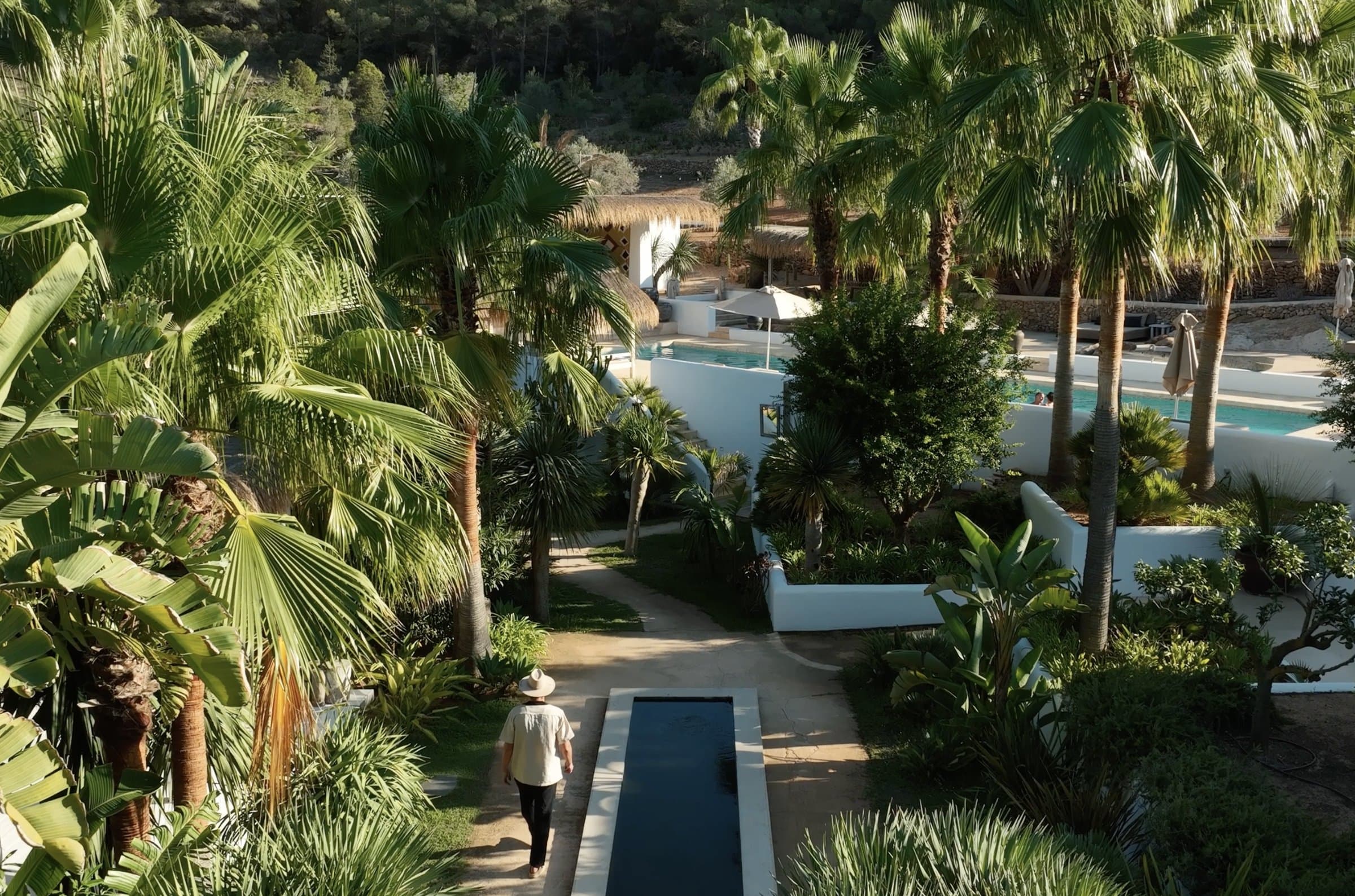 Aerial view of a garden resort with swimming pools and palm trees