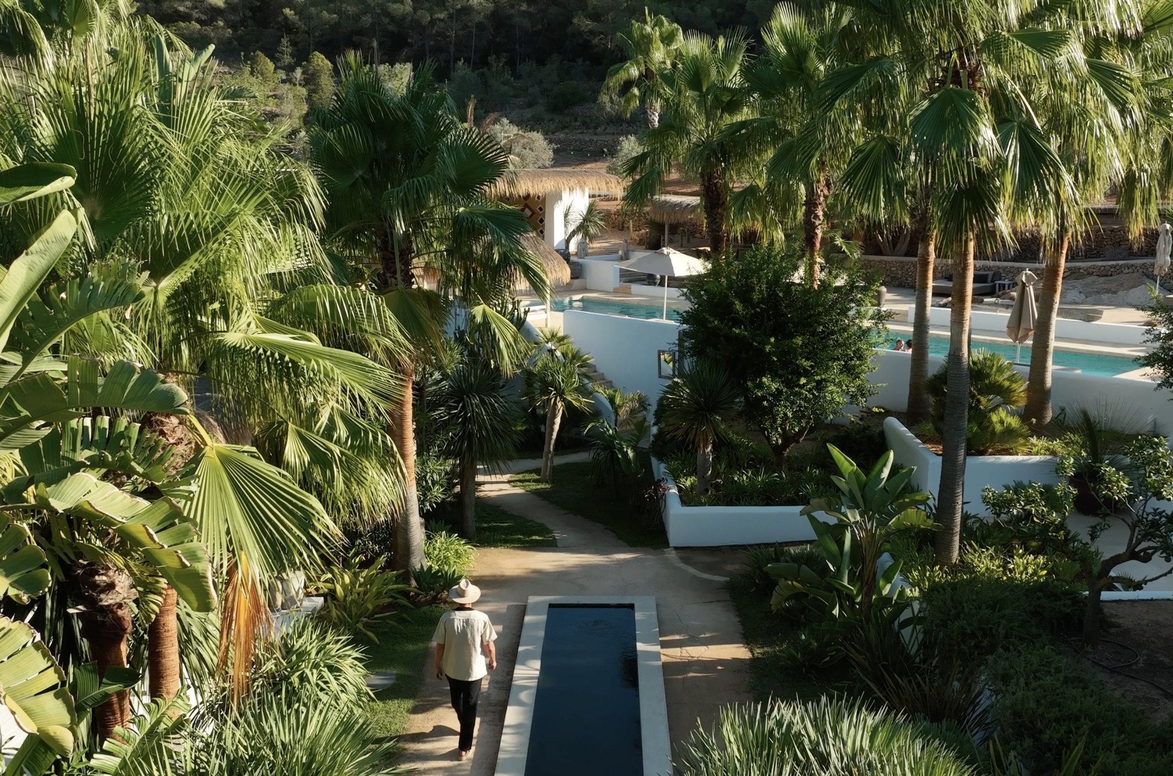 Aerial view of a garden resort with swimming pools and palm trees